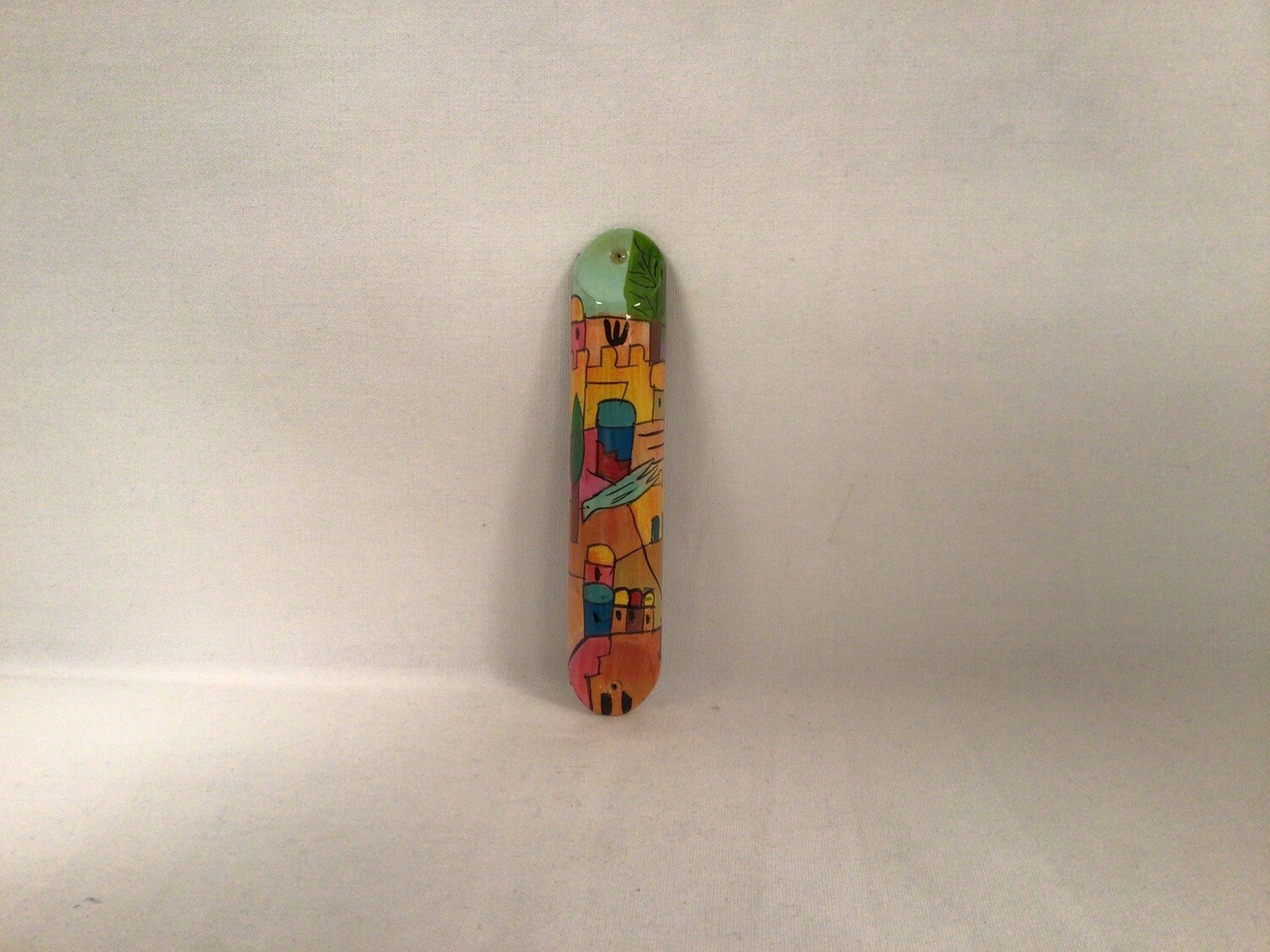 Painted Rounded Wooden Mezuzah - Jerusalem scene with Bird 