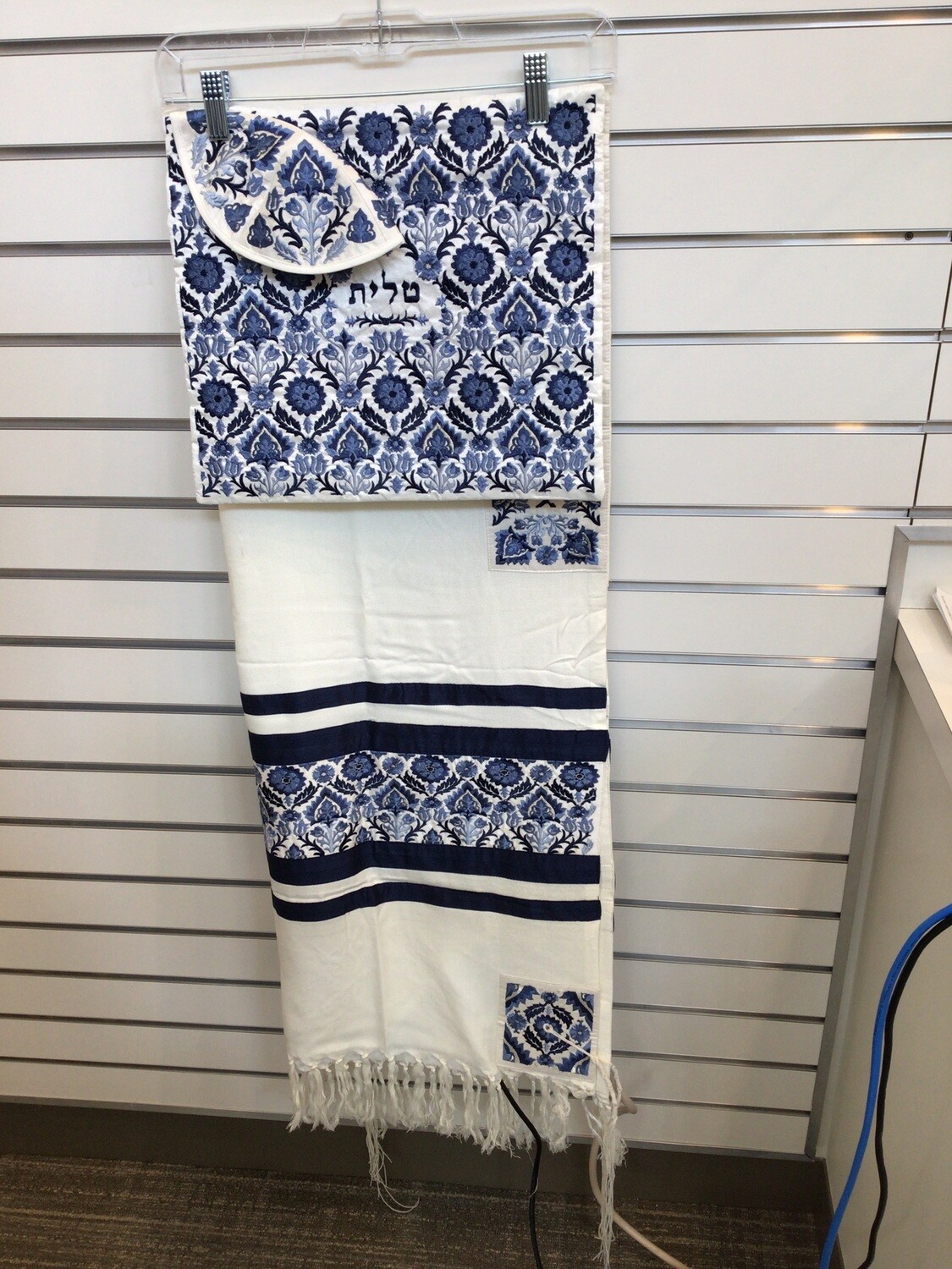 Cream Tallit with Blue Antique Look Floral Design