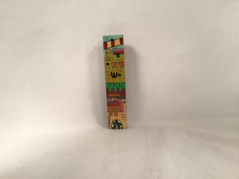 Painted Flat Wooden Mezuzah - Jerusalem 