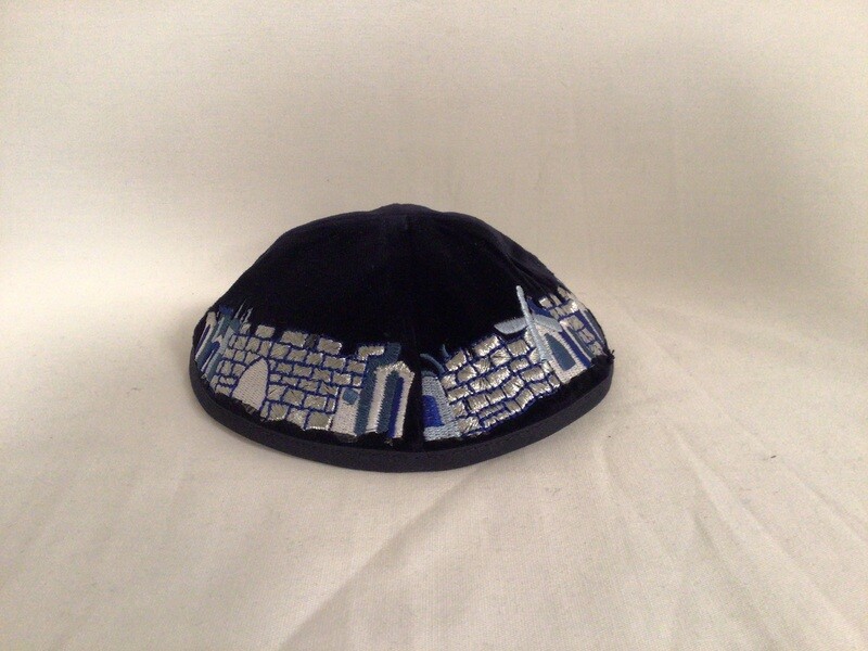 Navy Embroidered Velvet Kippah with Jerusalem 