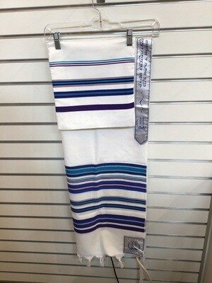 Cream Wool Tallit and Bag with Blue, Turquoise , and Purple Stripes