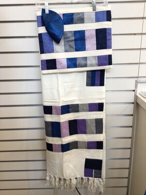 Cream Tallit with Blue, Grey and Purple Striped Bands