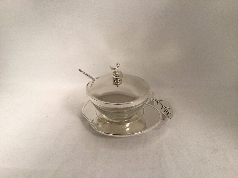 Glass Honey Bowl with Silver Lid and Spoon on Silver Apple  Tray 
