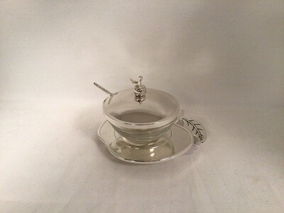 Glass Honey Bowl with Silver Lid and Spoon on Silver Apple Tray 