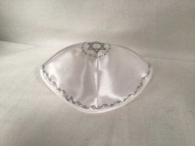 White Satin Kippah with Silver Embroidery 