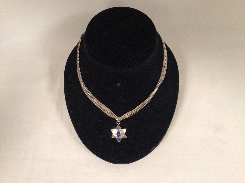 Sterling Silver Star of David with Blue Stone on  Multiple Silver 16” Chains