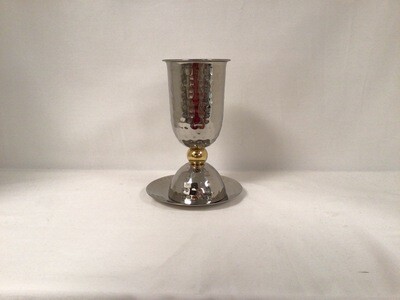 Stainless Steel Hammered Kiddush Cup with Gold Tone Ball on Tray