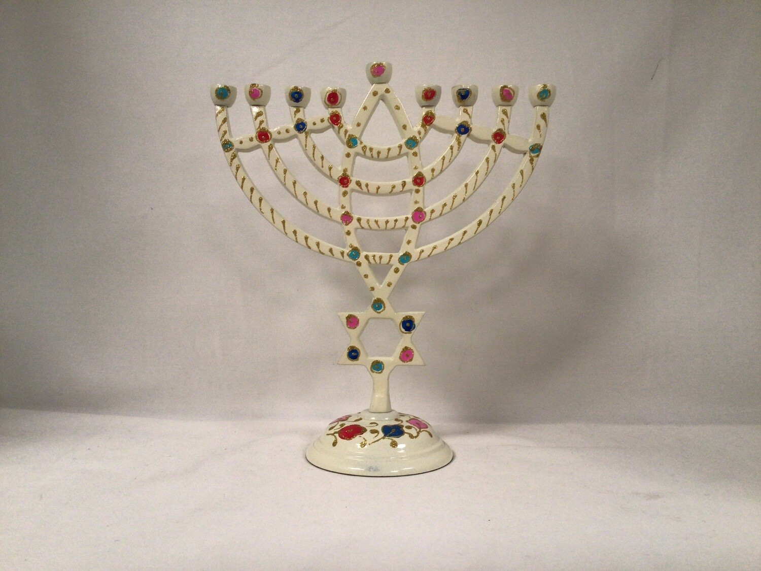 Painted White Metal Menorah with Colorful Leaves