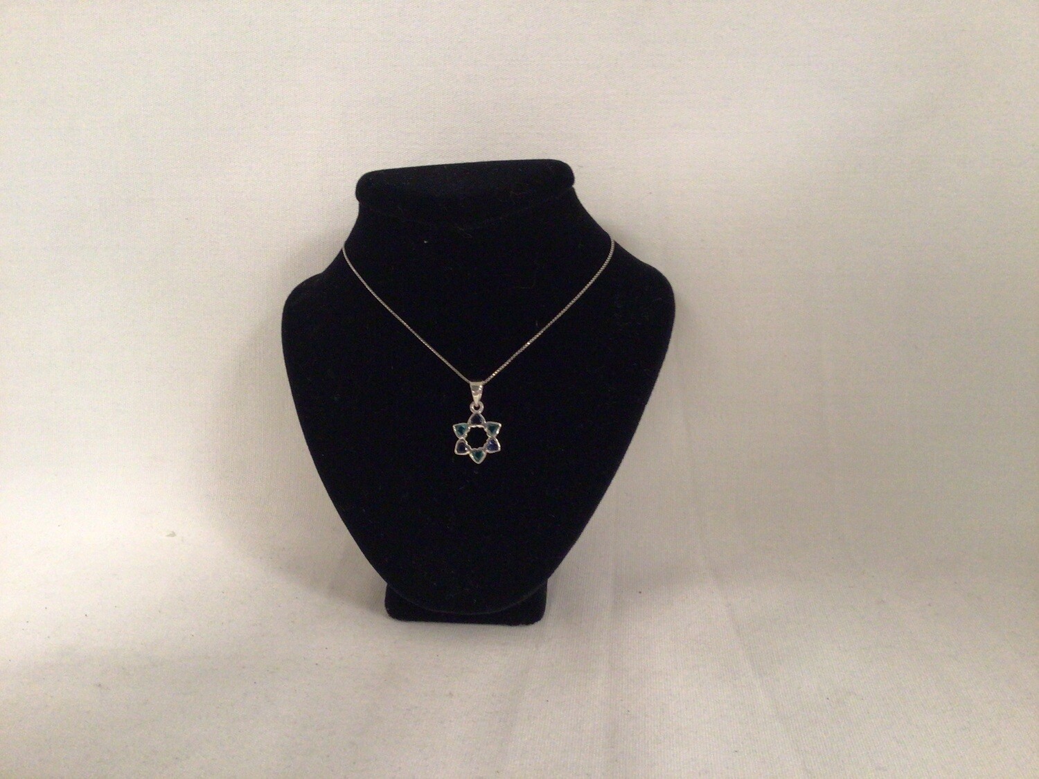 Sterling Silver Star of David Necklace in Heart Shapes of Blue