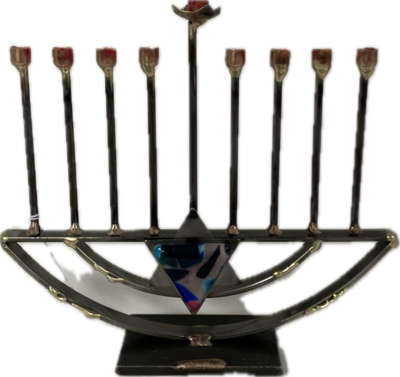 Steel Menorah with Glass Star of David on Curved Bottom