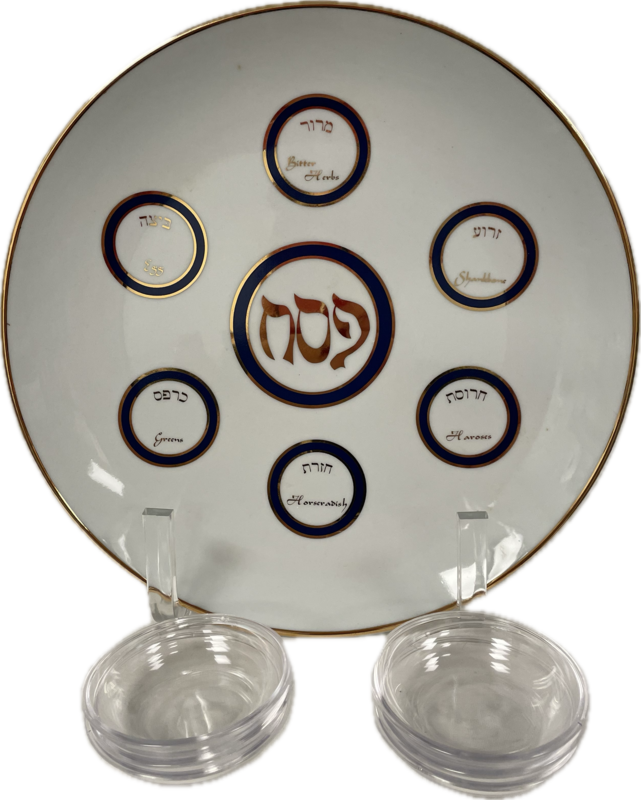 Porcelain Seder Plate with Navy and Gold Design and Plastic Bowls