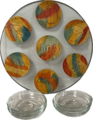 Glass Seder Plate with Colored Wood Sections and Glass Bowls