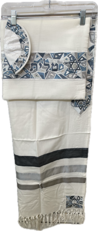 Grey /Blue Geometric Magan David Tallit Set