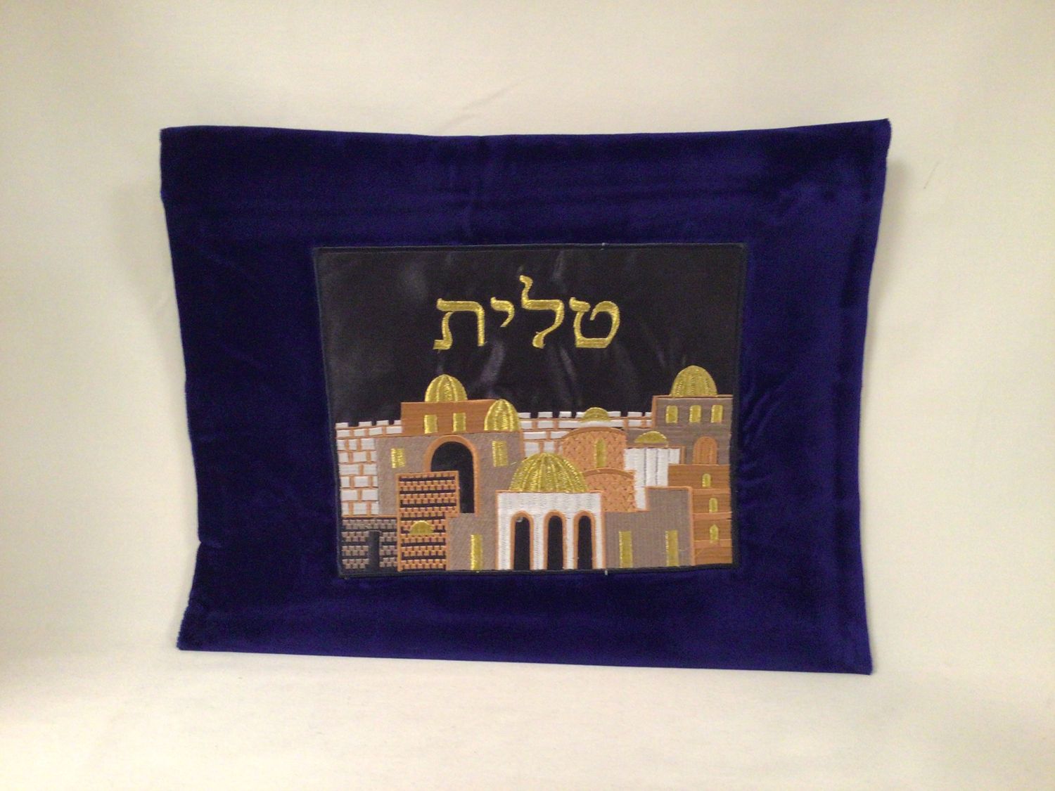 Blue Velvet Tallit Bag with Rectangular Jerusalem Embroidery