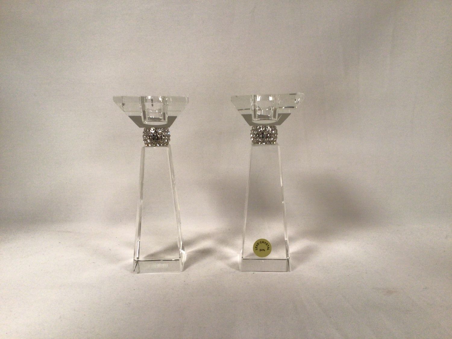 Lead Crystal Tower 6&quot; Candlesticks with Stone Ring