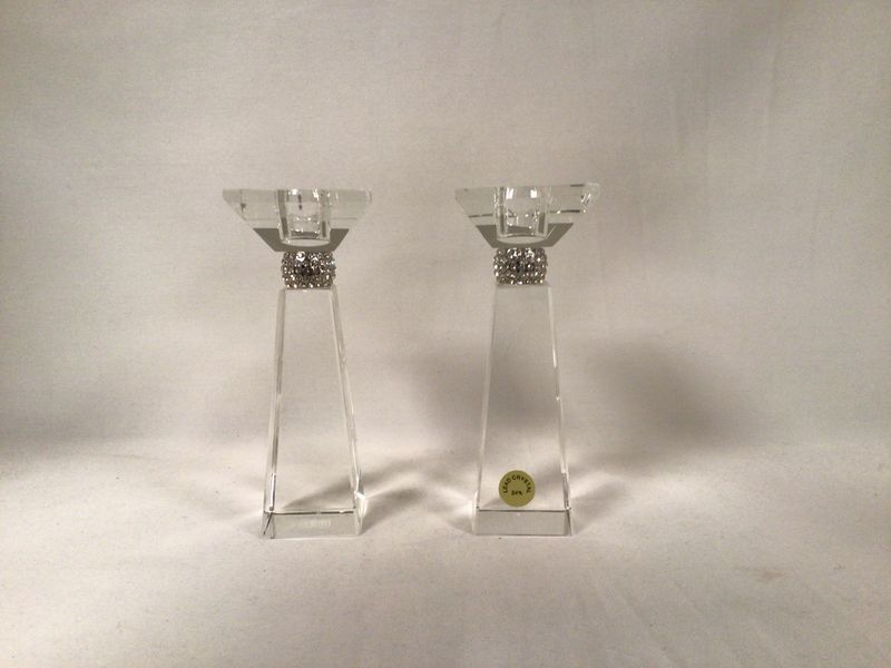 Lead Crystal Tower 6&quot; Candlesticks with Stone Ring