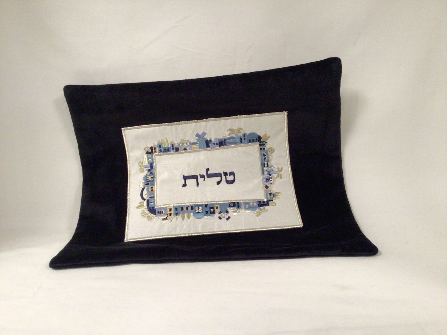 Dark Blue Velvet Embroidered Tallit Bag with Jerusalem Scene