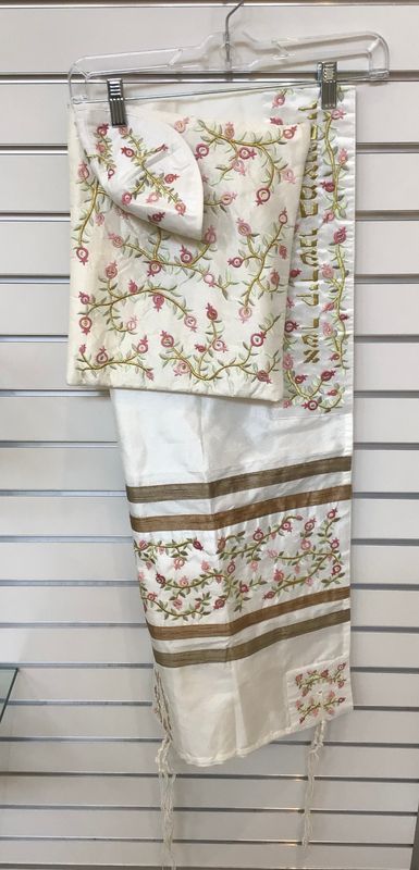 Raw Silk Delicate Embroidered Pomegranate Tallit Set
