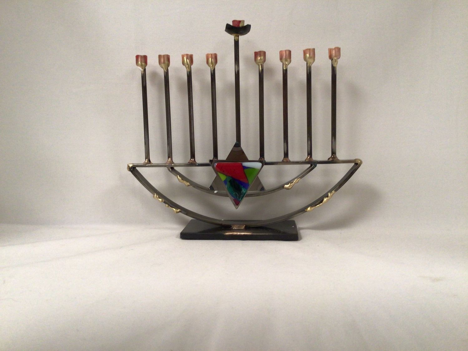 Steel Menorah with Multi Color Triangular Glass Star of David on Curved Bottom