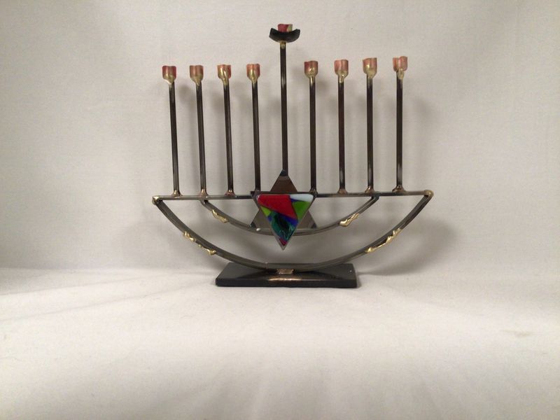 Steel Menorah with Multi Color Triangular Glass Star of David on Curved Bottom
