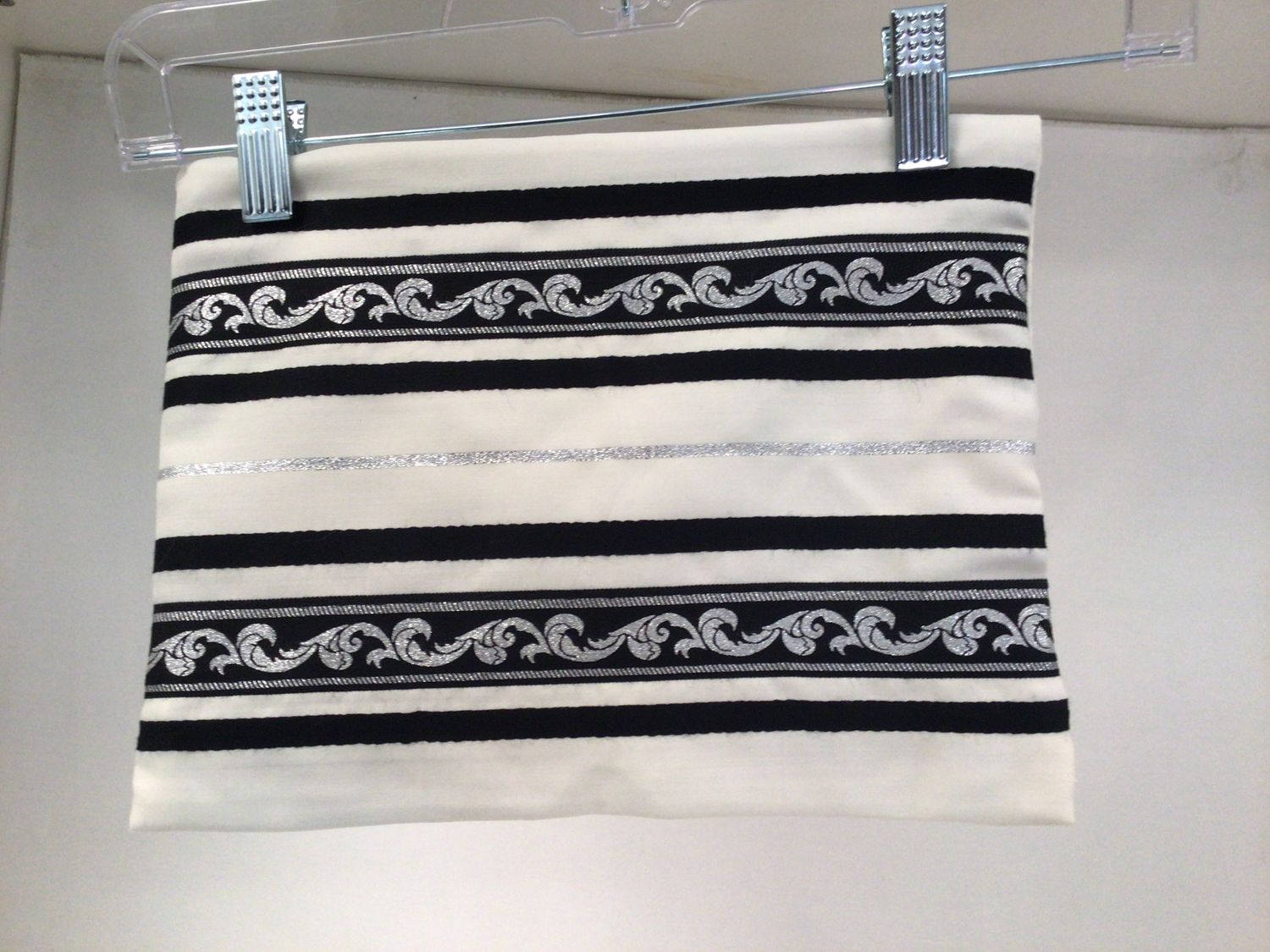 Cream Tallit Bag with Black and Silver Stripes
