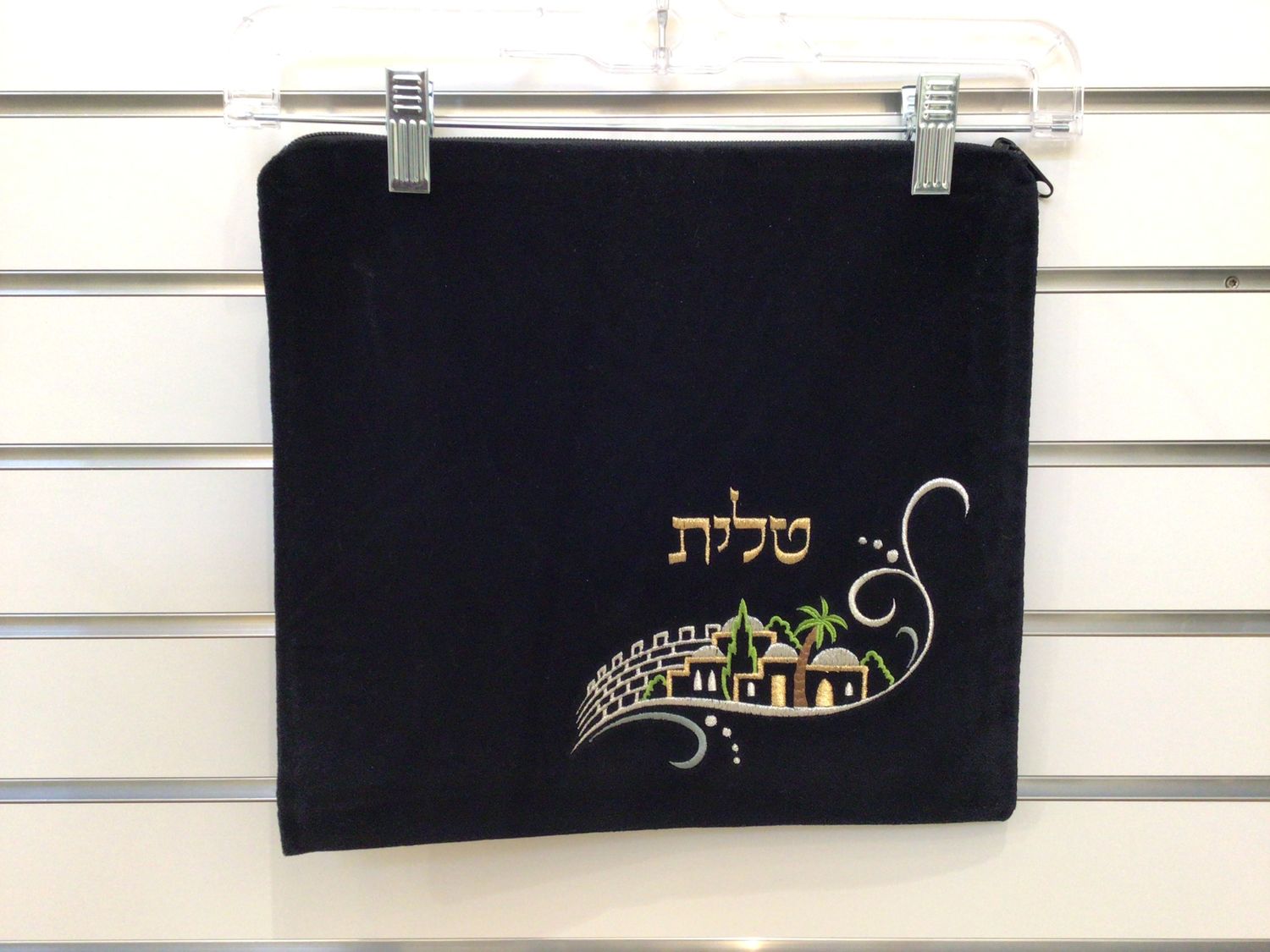 Black Velvet Tallit Bag with Embroidered Jerusalem Design