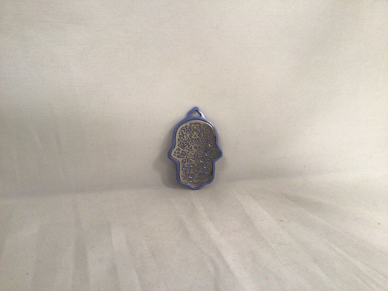 Small Anodized Hamsa Wall Hanging with Pomegranate Cutouts on Blue