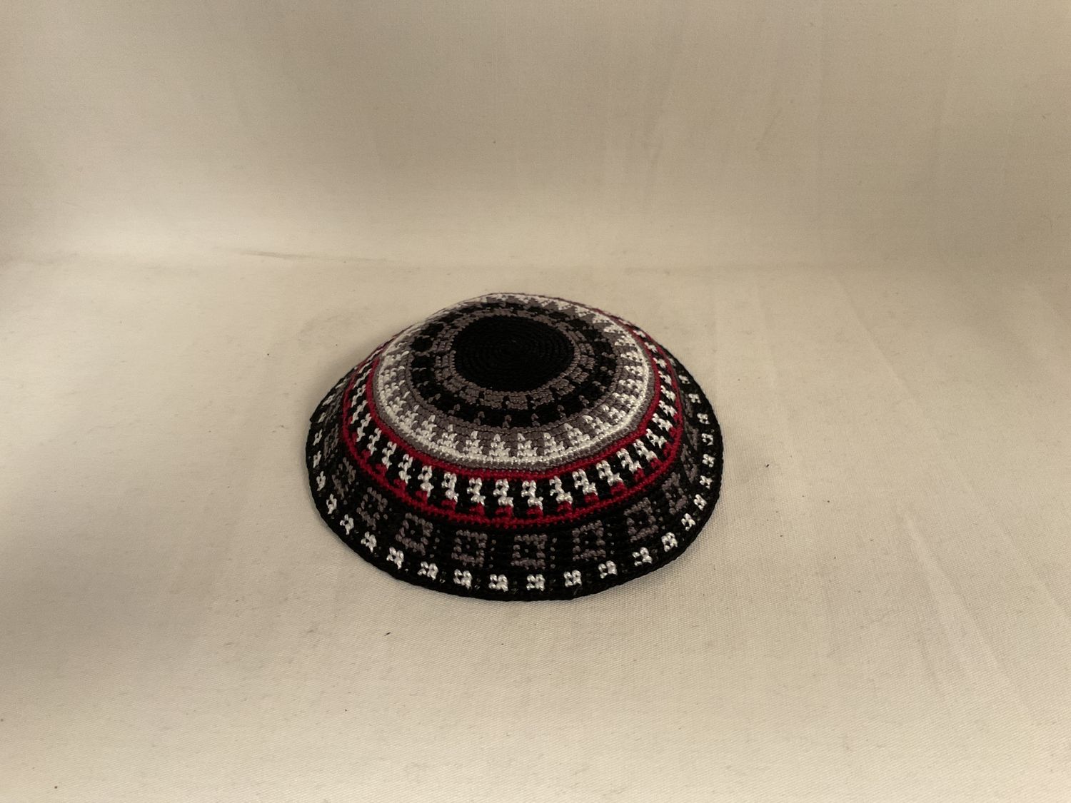 Knit Kippah with Black/Gray/ Maroon and White