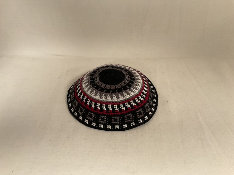 Knit Kippah with Black/Gray/ Maroon and White