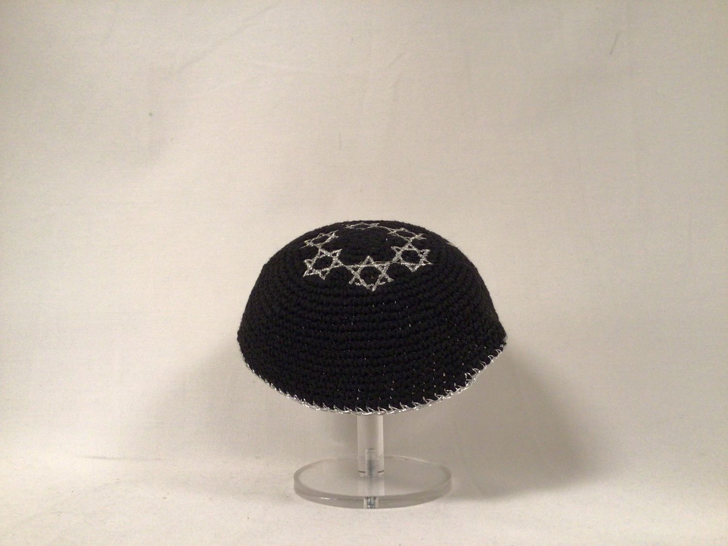 Black  Knitted Kippah with Embroidered Silver Stars of David 