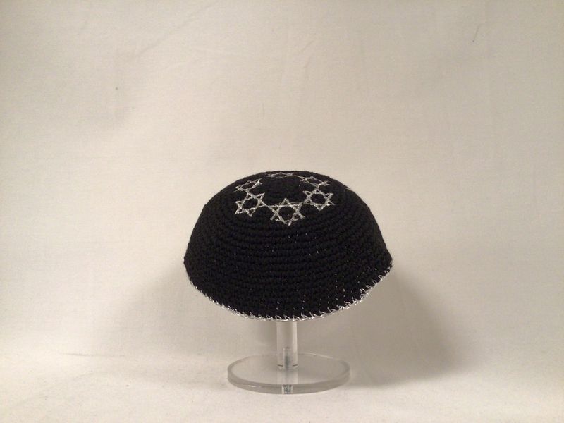 Black  Knitted Kippah with Embroidered Silver Stars of David 