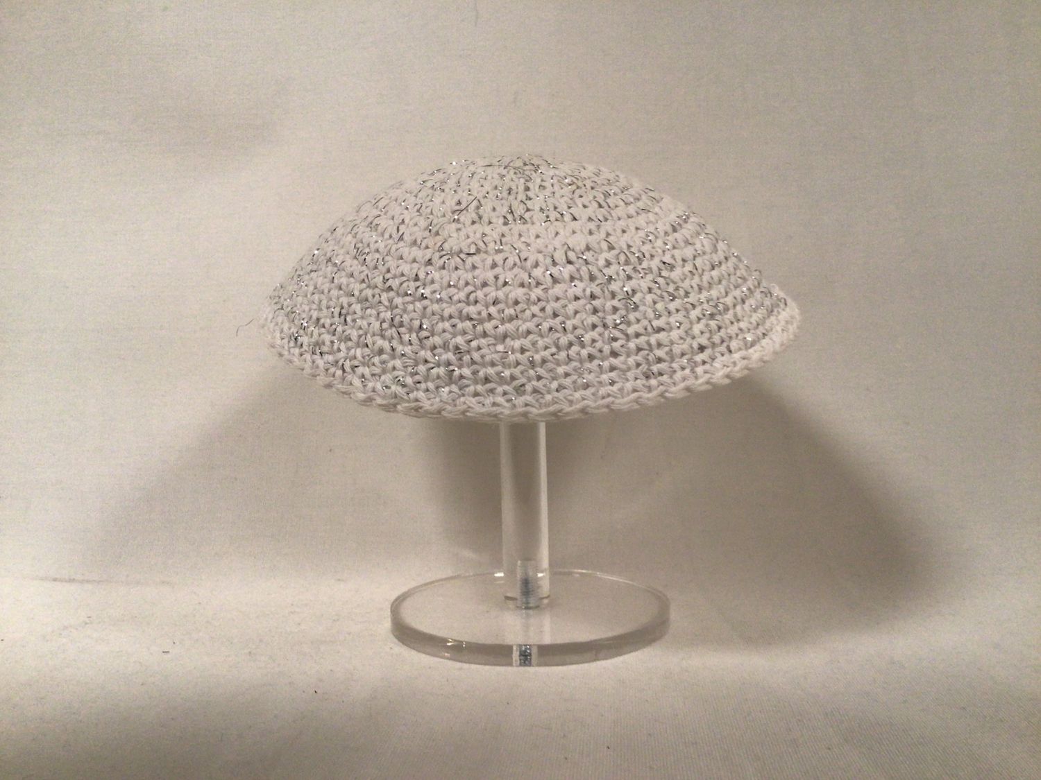 White Knit  Kippah with Silver Threads Throughout