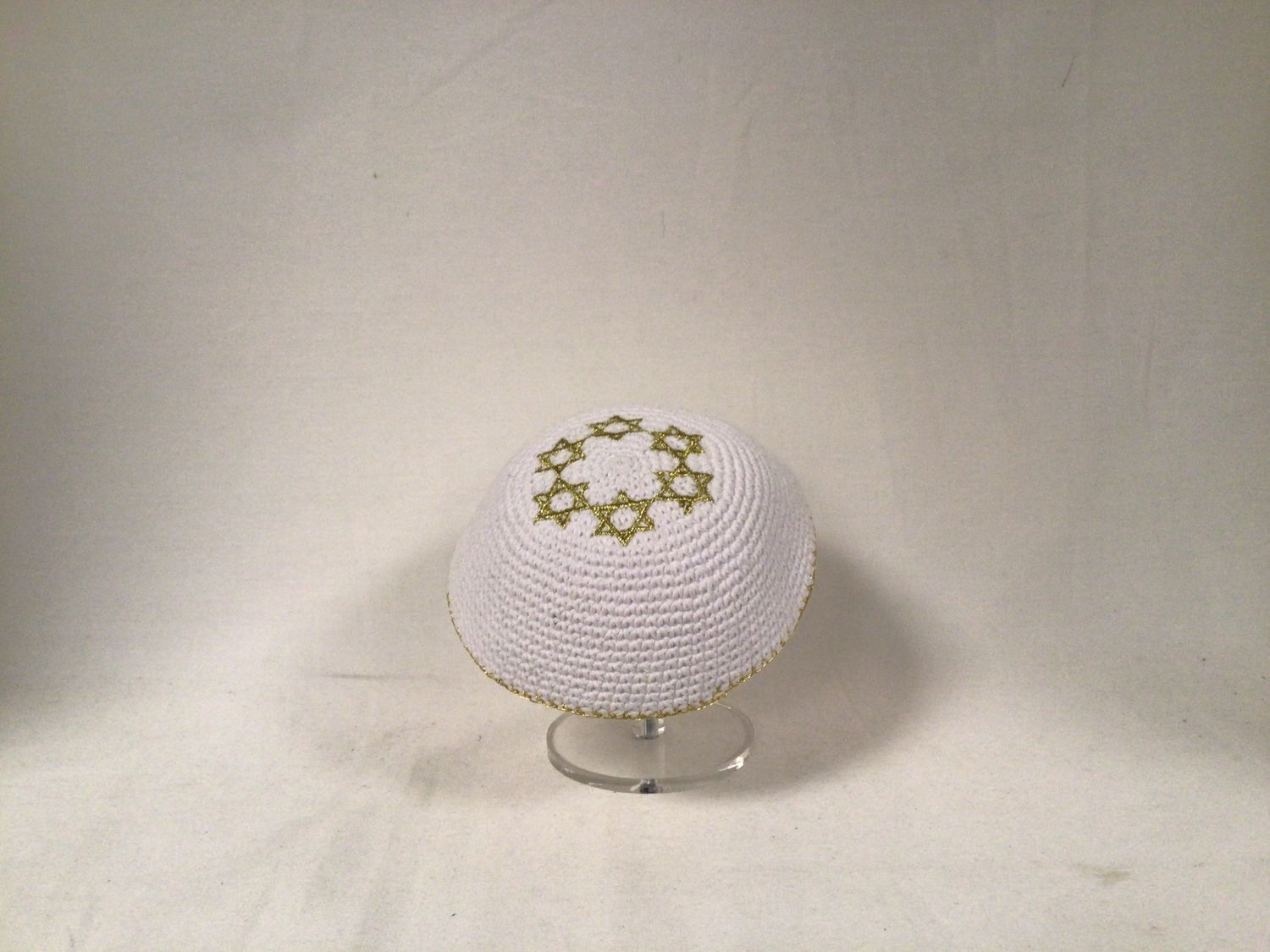 White  Knitted Kippah with Embroidered Gold Stars of David 