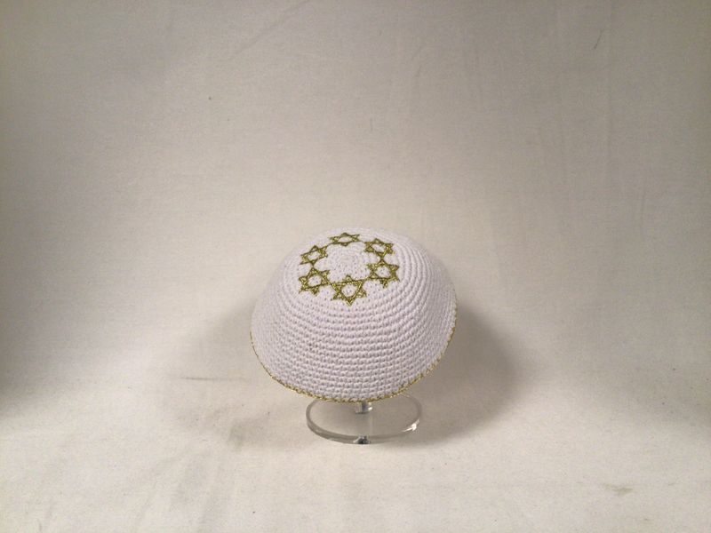 White  Knitted Kippah with Embroidered Gold Stars of David 