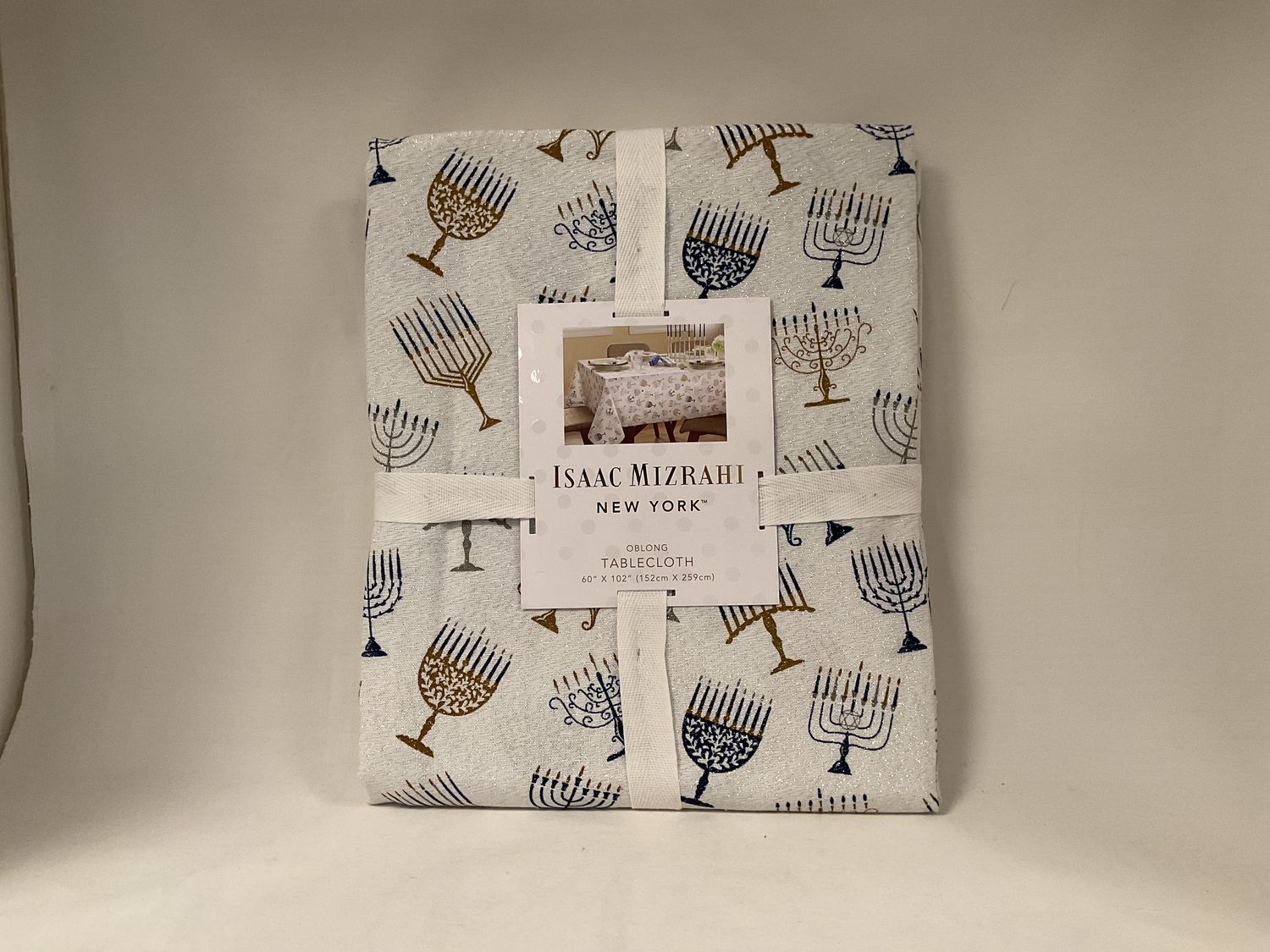 White Metallic Oblong Menorah Tablecloth