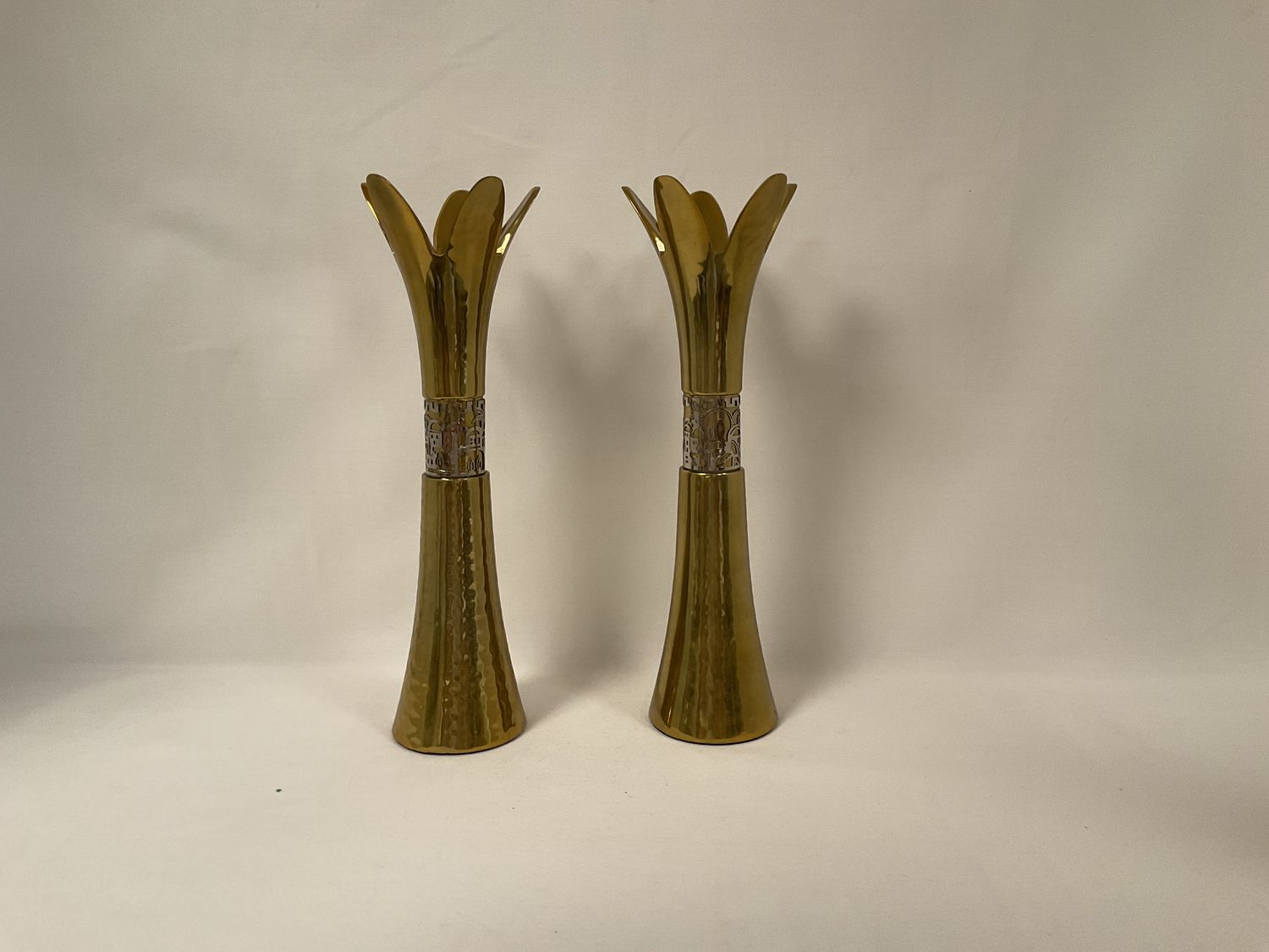 Gold Hammered Flower Shaped Candlesticks with Open Cut City of Jerusalem