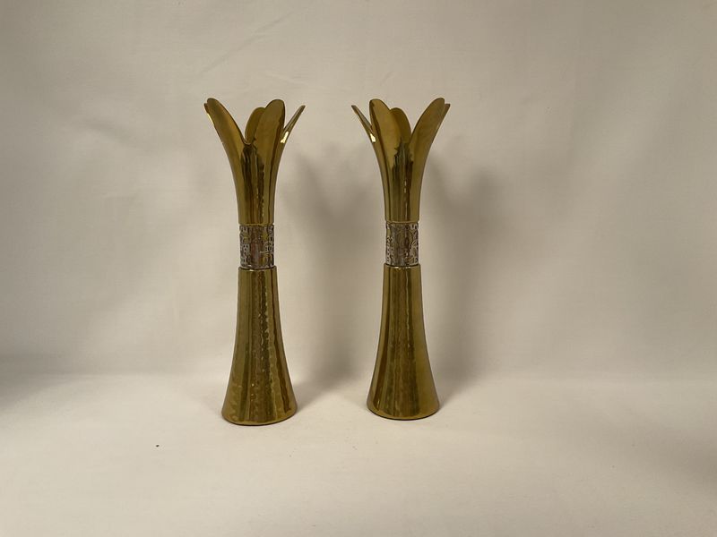 Gold Hammered Flower Shaped Candlesticks with Open Cut City of Jerusalem