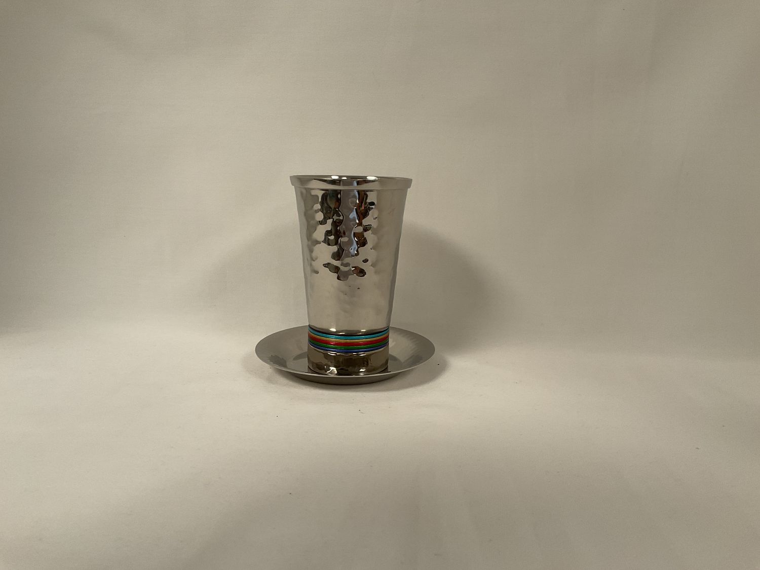 Nickel Hammered Kiddush Cup with Multicolor Rings onTray