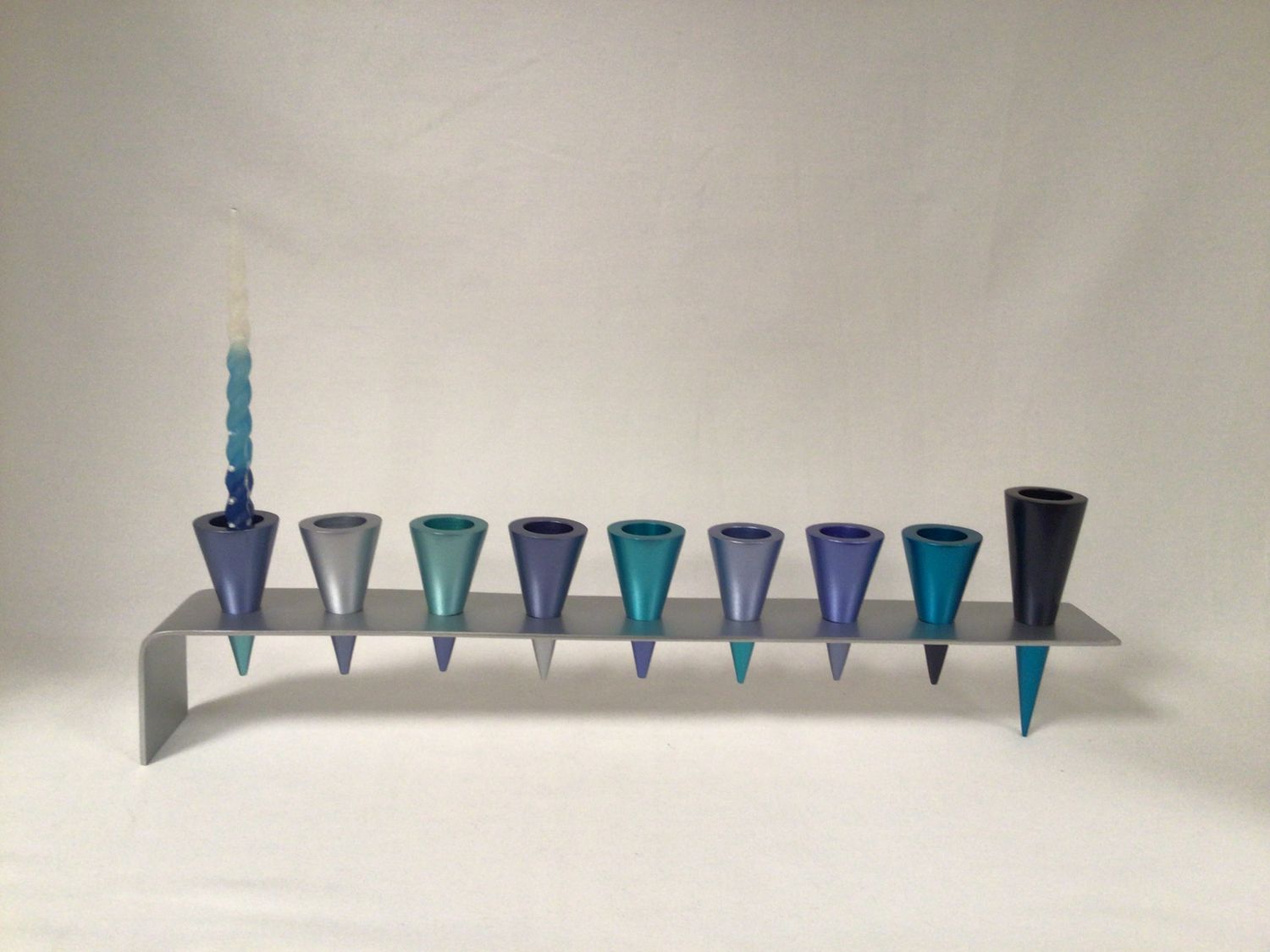 Metal Strip Menorah with Cone Shape Candle Holders in Blues