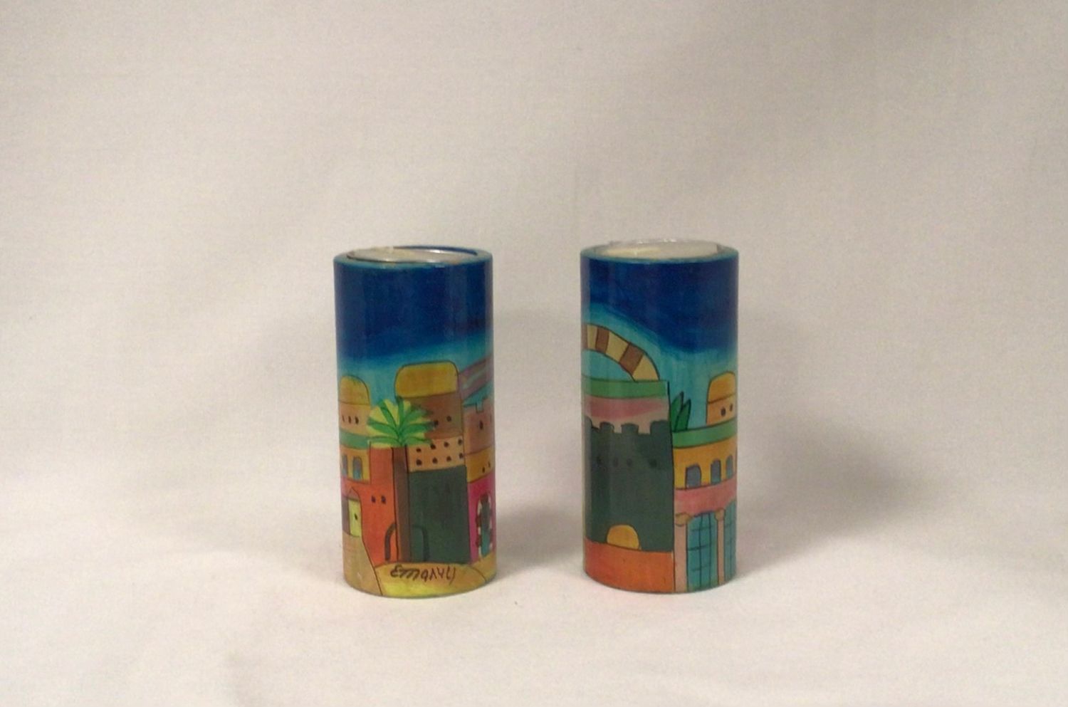 Round Candlesticks with Jerusalem Scene