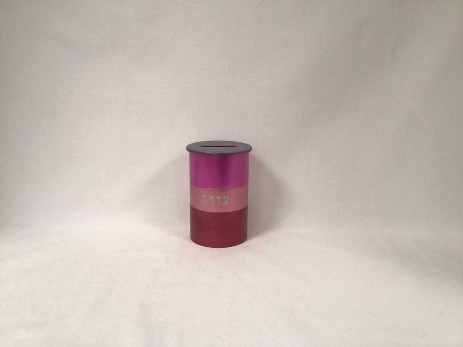 Aluminum Tzedakah Box in Pinks with Maroon