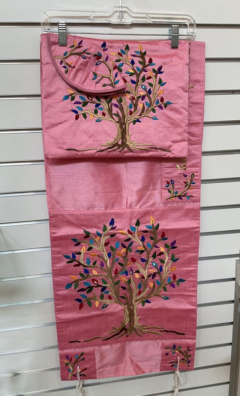 Embroidered Silk Pink Tree of Life Tallit Set