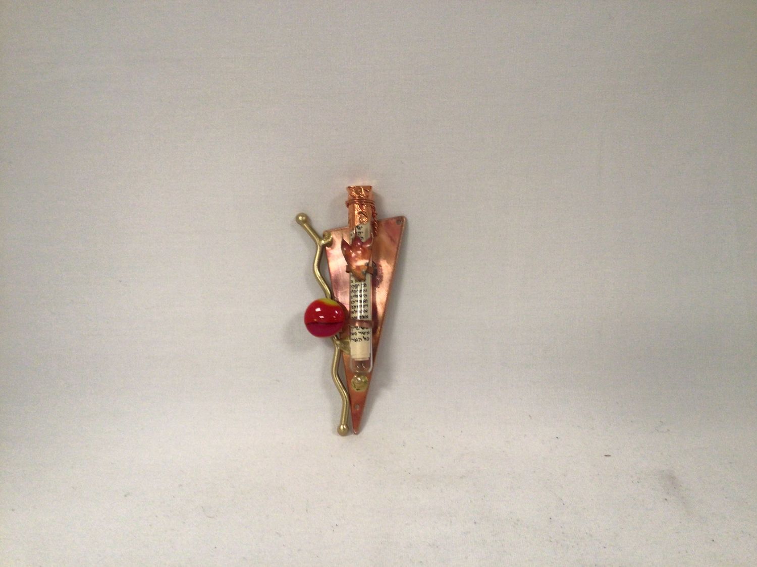 Triangle Mezuzah with Red  Glass Bead 