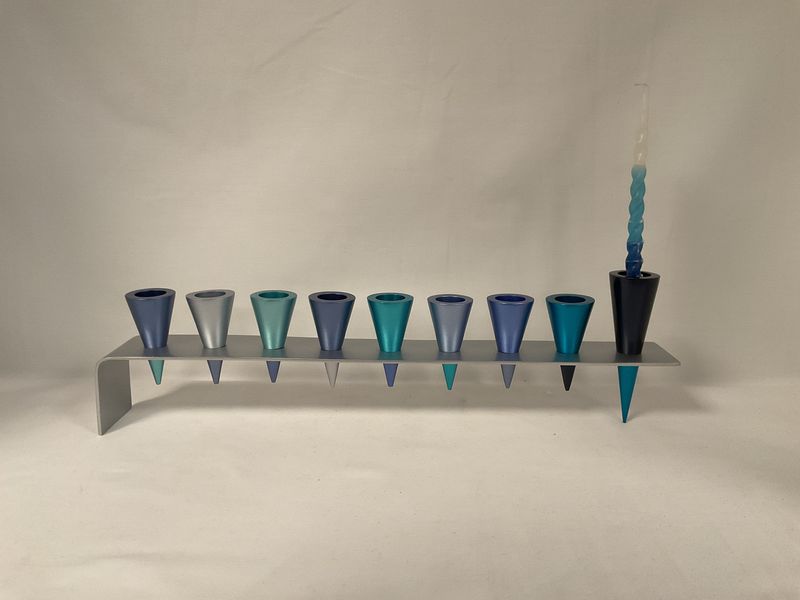 Metal Strip Menorah with Cone Shape Candle Holders in Blues