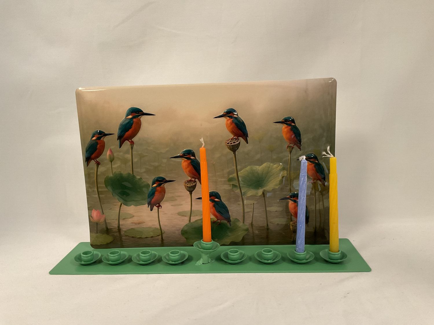 Birds in Lotus Pond Metal Menorah Birds in Lotus Pond Metal Menorah