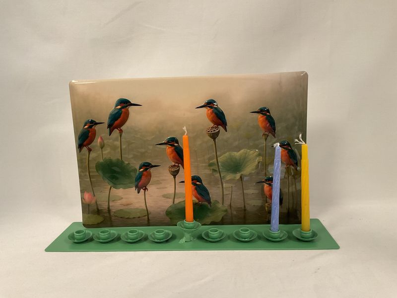 Birds in Lotus Pond Metal Menorah
