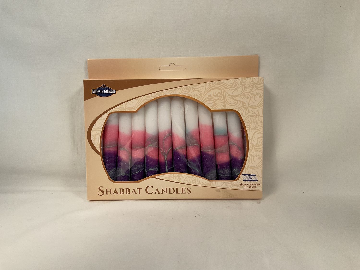 Purple, Pink and White Shabbat Candles