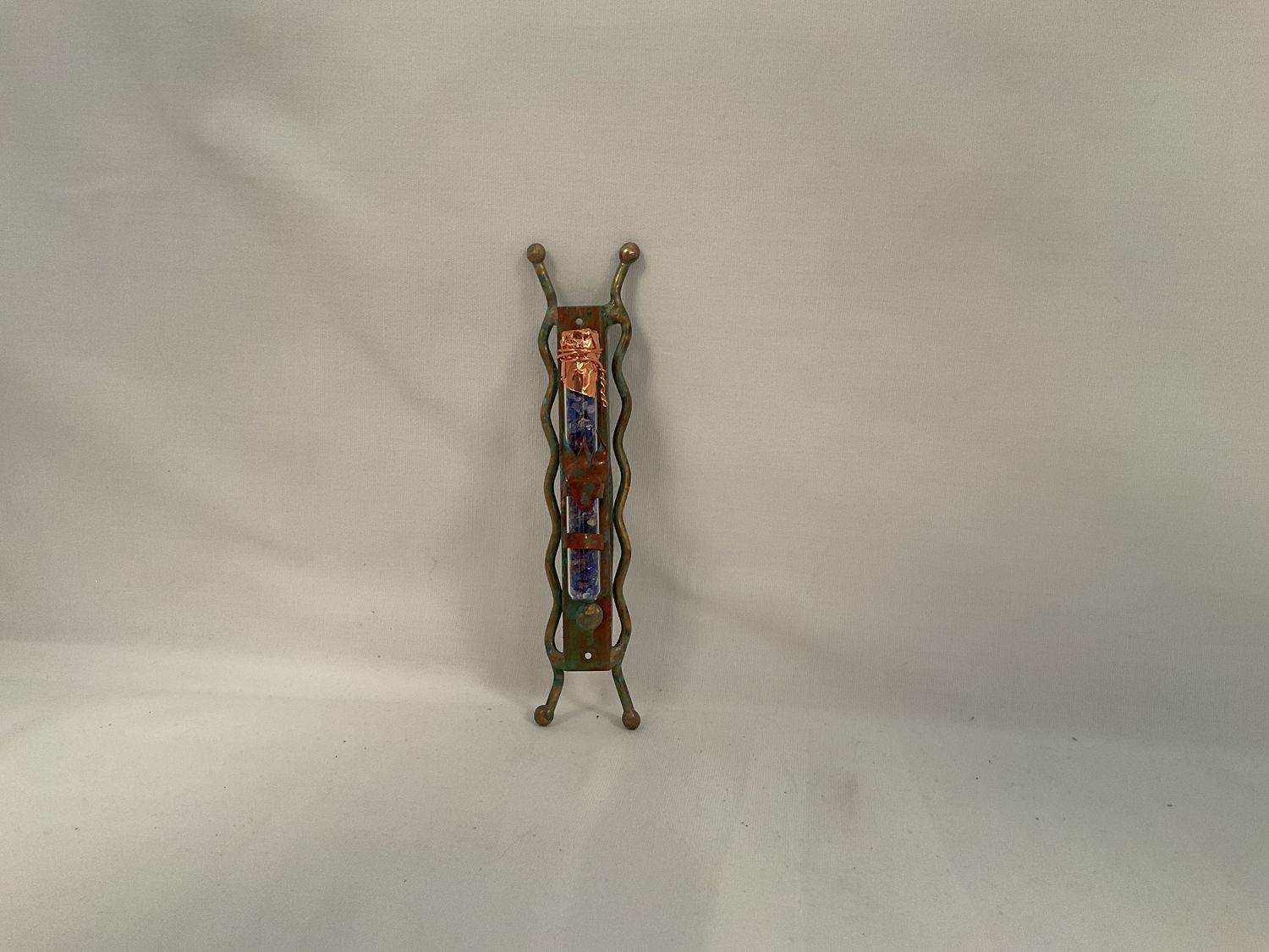 Wedding Glass Mezuzah with Squiggles-Green Patina