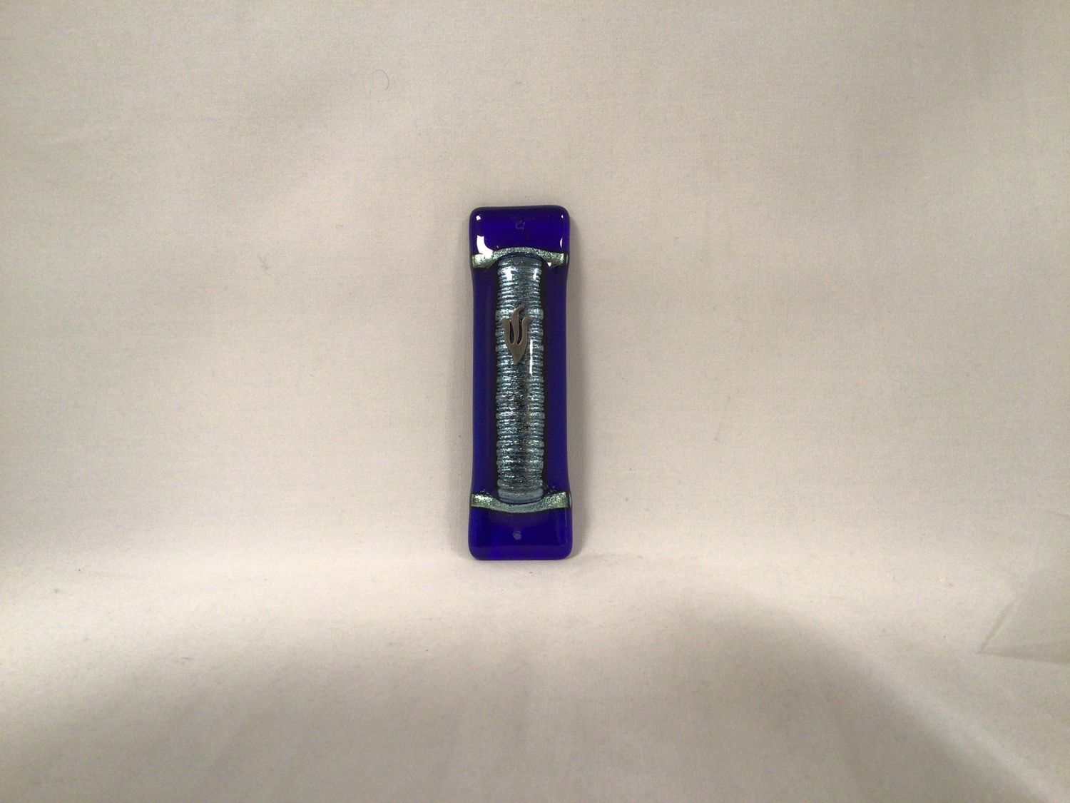 Blue Art Glass Mezuzah with Silvery Accordion Center Blue Art Glass Mezuzah with Silvery Accordion Center