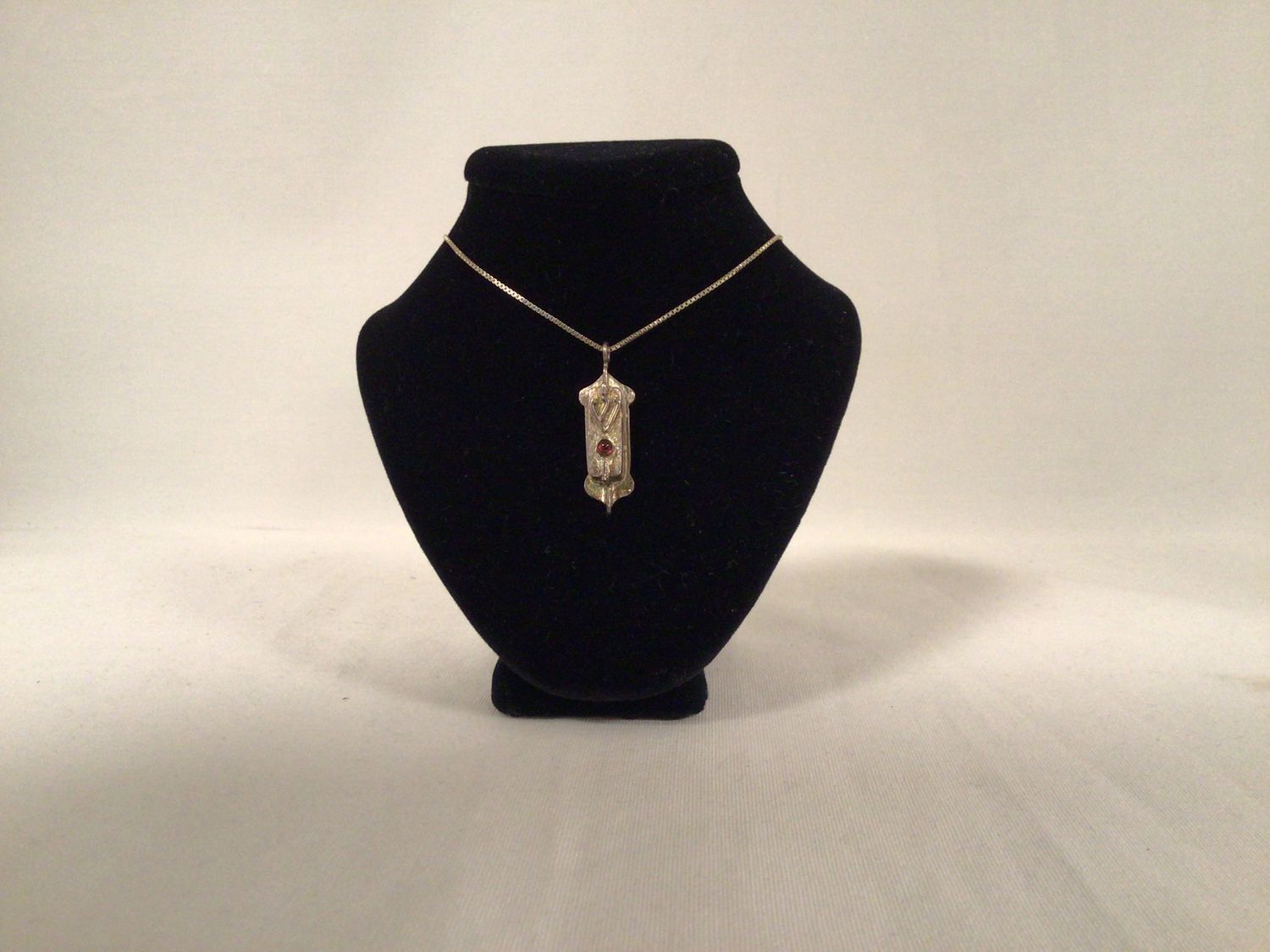 Sterling Silver Mezuzah Necklace with Red Stone on 16' Chain Sterling Silver Mezuzah Necklace with Red Stone on 16' Chain